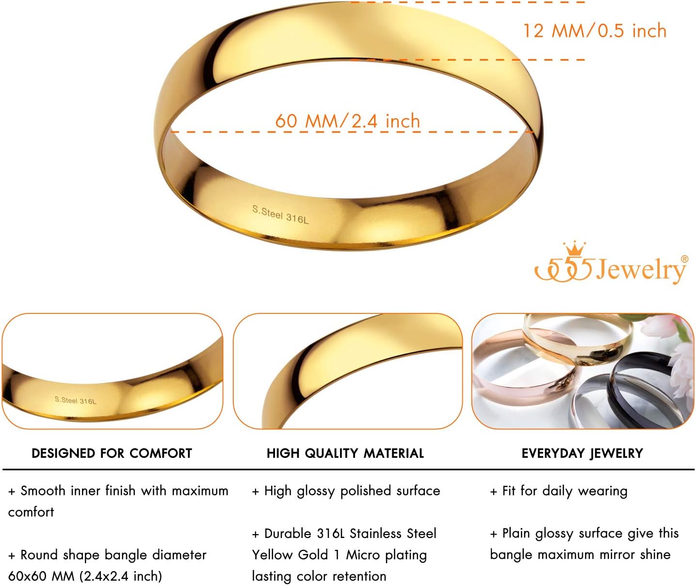 555Jewelry 12mm Wide Stainless Steel Solid Slip On Bangle Bracelet for Women With Small Wrist - Image 4