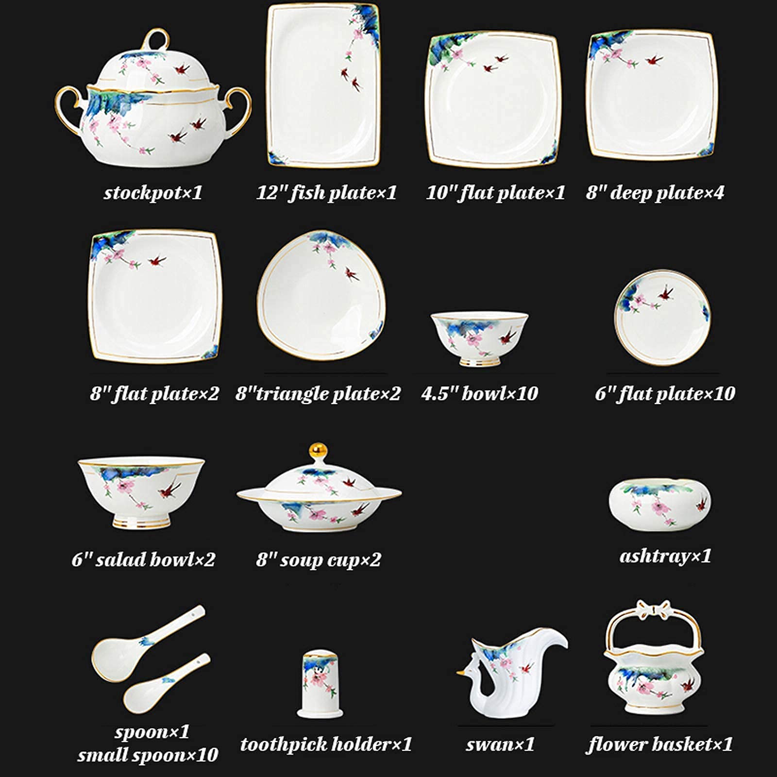 Zestaw obiadowy z ceramiki, garnek do zupy, talerz i miska | 50-elementowy zestaw obiadowy z wysokiej jakości porcelany kostnej na prezent ślubny i przyjęcie świąteczne