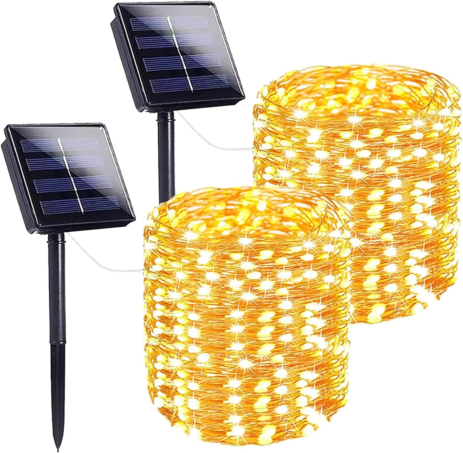 2Pack Each 100ft 300 LED Solar String Lights Outdoor Waterproof, Christmas Lights Multi-Color Silver Wire 8 Modes Solar Fairy Lights for Tree Garden Party Wedding Outside Decoration (Warm White)
