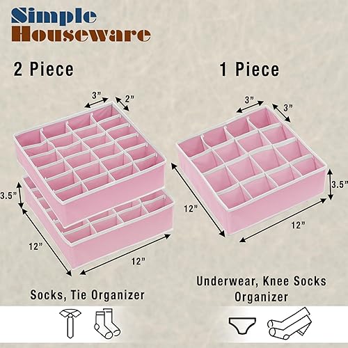 Miniatura 2 de Simple Houseware Paquete de 3 organizadores de cajones para calcetines, 24 + 24 + 16 celdas, rosa