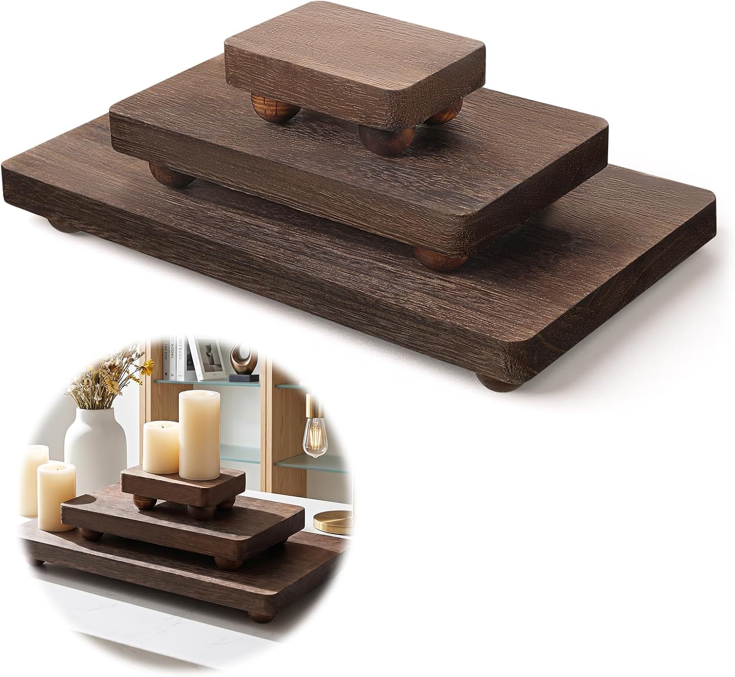 3 Pcs Wooden Risers for Display Wood Pedestal Stand Wood Riser Display Pedestal Stand Square Wooden-Pedestal Holder for Decor Home Kitchen,3 Sizes(12 x 6.7, 8 x 4.7, 4 * 2.8 in,Brown)