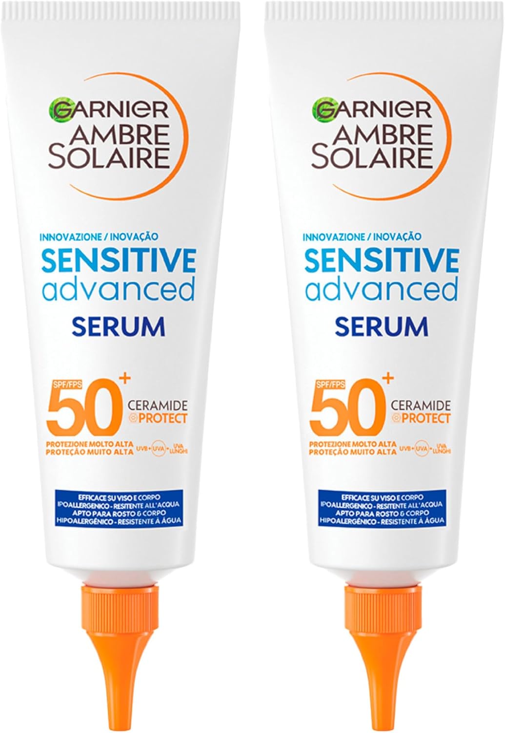 Garnier Ambre Solaire Sensitive Advanced Serum, zonnebrandcrème voor gezicht en lichaam, SPF 50+, hypoallergeen, voor de gevoelige huid, waterbestendig, 2 flessen à 127 ml Garnier Ambre Solaire Sensitive Advanced Serum, zonnebrandcrème voor gezicht en lichaam, SPF 50+, hypoallergeen, voor de gevoelige huid, waterbestendig, 2 flessen à 127 ml