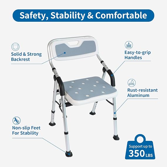 Shower Chair for Elderly & Disabled, Folding Shower Chair Seat with Arm and Back, Inside Shower Chair, Foldable Bathroom Chairs for Sitting, Portable for Travel - Collapsible, Compact & Comfortable