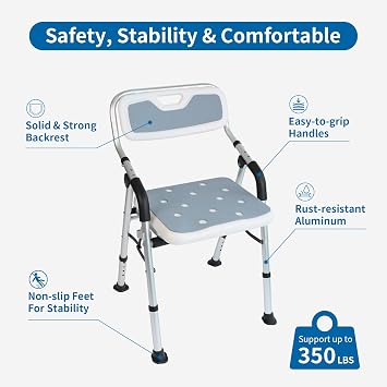 Shower Chair for Elderly & Disabled, Folding Shower Chair Seat with Arm and Back, Inside Shower Chair, Foldable Bathroom Chairs for Sitting, Portable for Travel - Collapsible, Compact & Comfortable