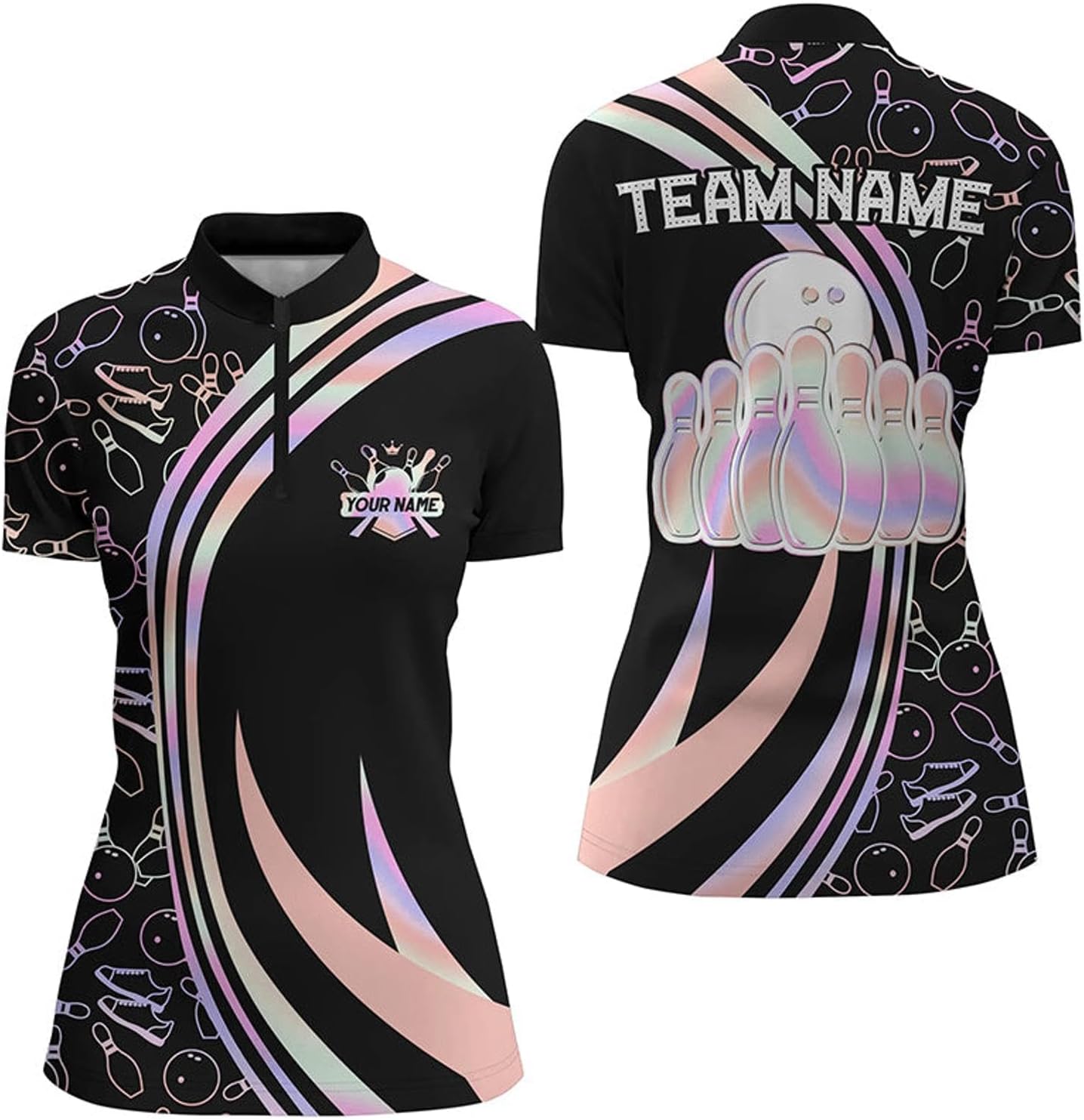 Black Women Bowling Quarter Zip Shirt Custom Neon Camo Team League Bowling Jerseys Gifts for Bowlers N7210