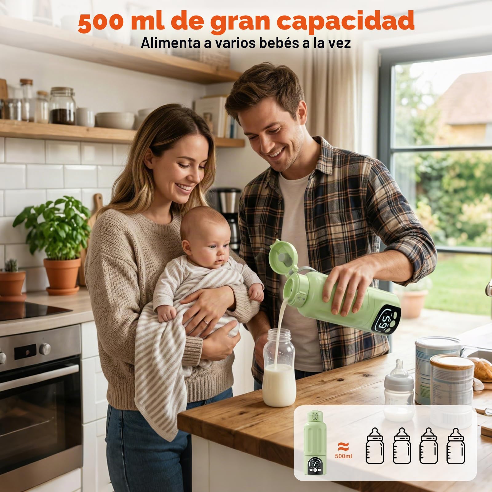 Calienta biberones portátil, 500 ml, calentamiento rápido 140 W para leche materna y agua, calentador de biberones portátil con regulación precisa 35–70 °C, batería 12000mAh