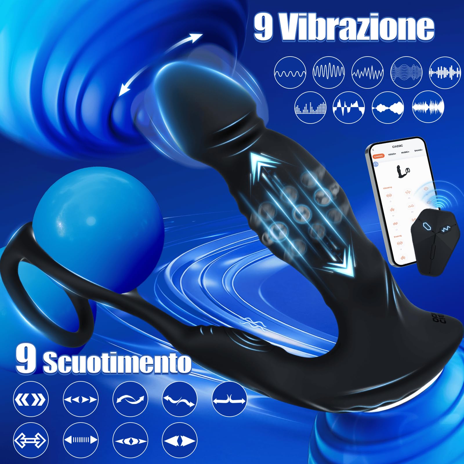 Vibratori Anali per Uomo Massaggiatore Prostatico con 9 Modalità Dildo Anale con Anello per Pene Stimolatore Prostata in Silicone Plug Anale Vibratore Uomo Coppie Sex Toys Dilatatore APP & Telecomando