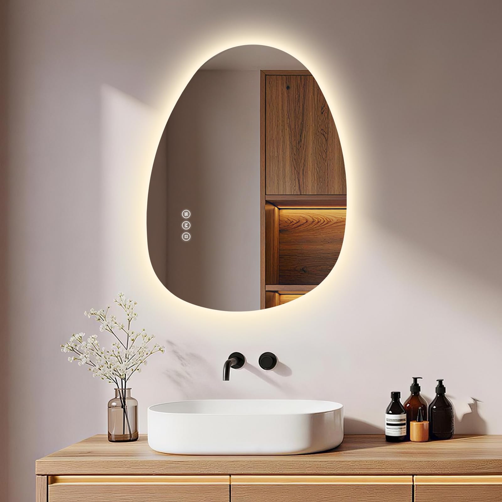S'AFIELINA Asymmetrical Bathroom Mirror with LED Lights, Anti-Fog, 60×45cm — image 1