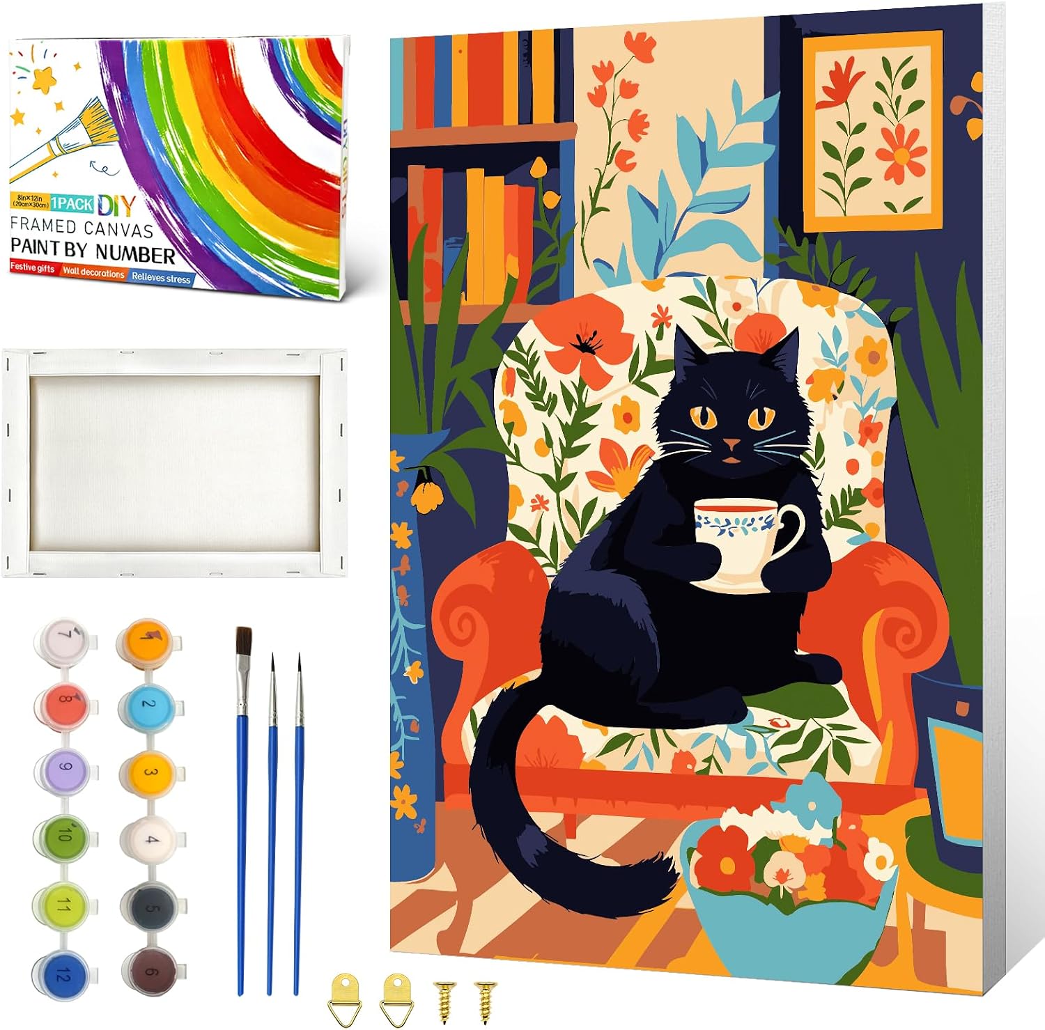 ZTOTZ Cat Paint by Numbers Kit for Adults Framed,Black Cats Adult Paint by Number Kits on Canvas 8x12inch,DIY Easy Acrylic Painting for Home Wall Decor(Coffee Kitty)