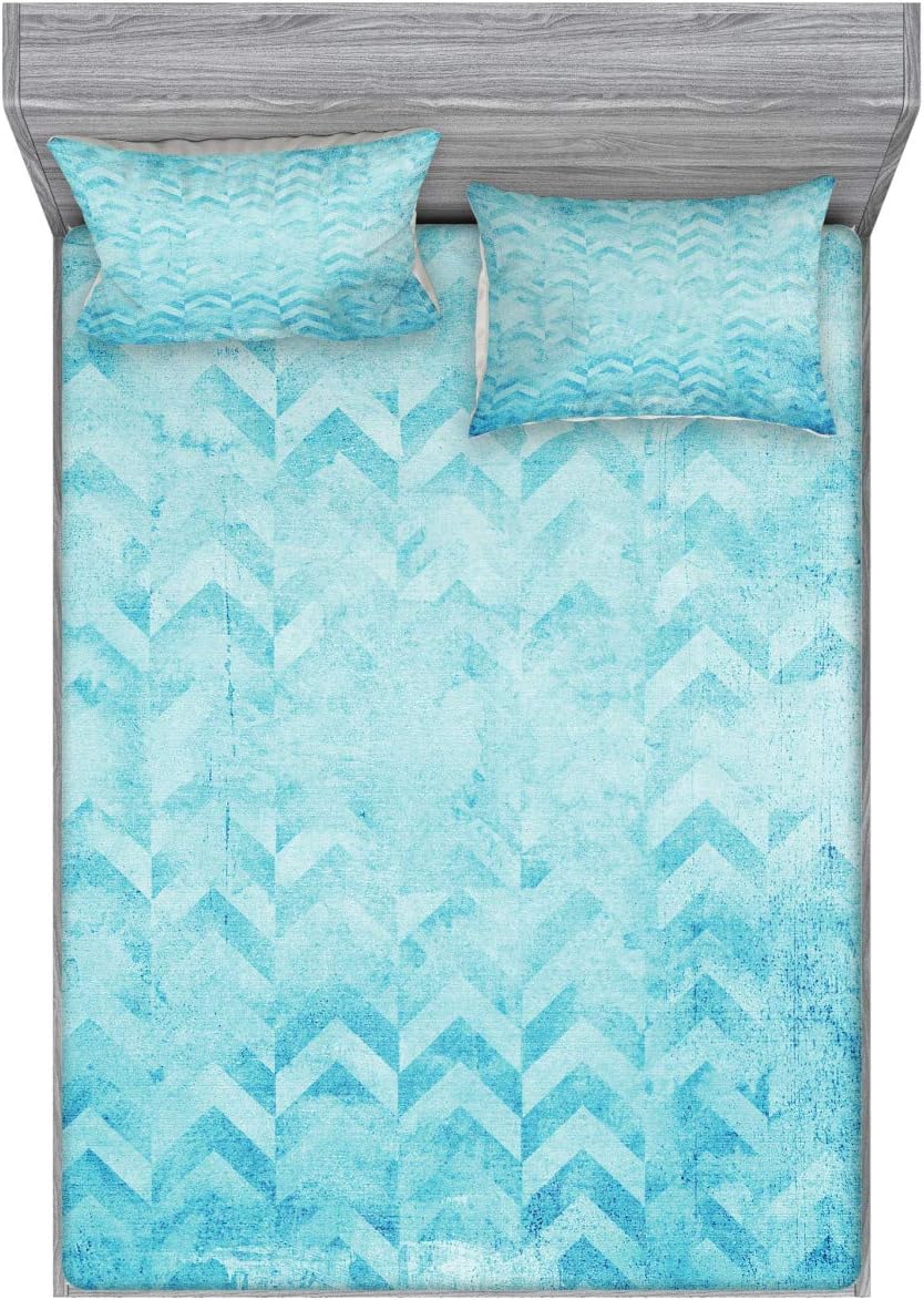 Ambesonne Turquoise Fitted Sheet & Pillow Sham Set, Geometric Design Chevron Patterns on Old Vintage Paper Contemporary Art Print, Decorative Printed 3 Piece Bedding Decor Set, Queen, Turquoise