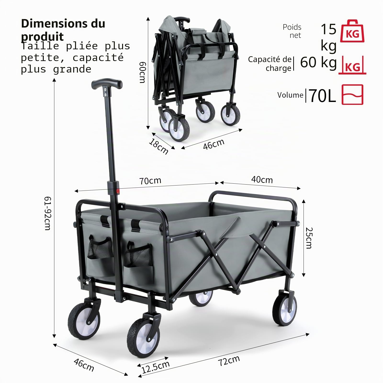 Chariot de Plage Pliable Poignée Réglable Chariot de Jardin Chariots de Transport pour Transport, Plage, Camping, Courses, Chariot de Jardinage Chariot à roulettes avec Jusqu’à 60KG (Gris)