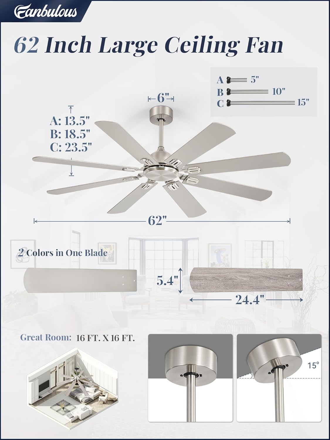 Fanbulous 62 Inch Ceiling Fans No Light with Remote, Modern Ceiling Fan Without Light, Dual Finish 8 Blades, Reversible Quiet DC Motor, 6 Speed, Large Ceiling Fan for Indoor or Covered Outdoor, Nickel