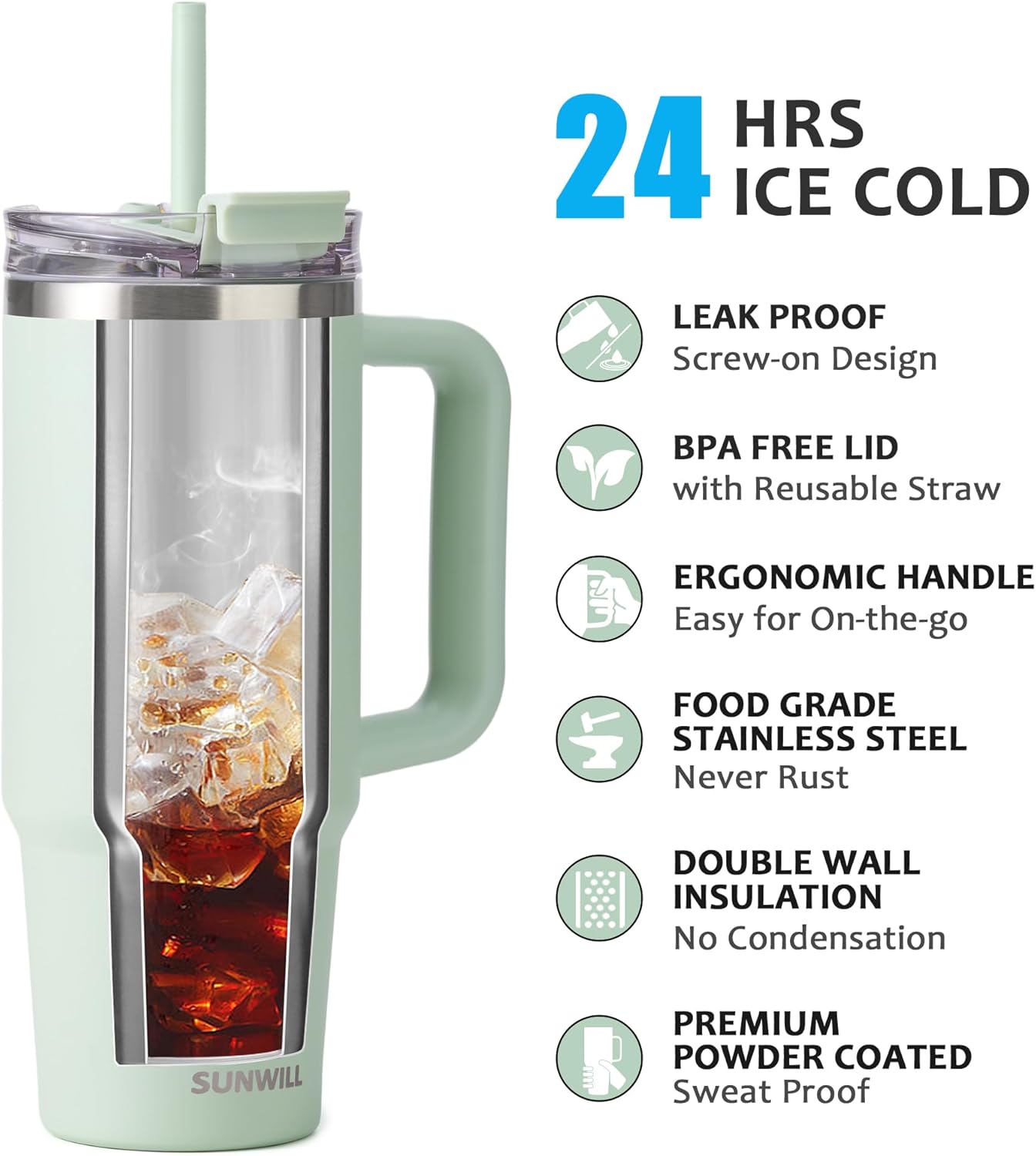 SUNWILL Coffee Tumbler with Handle, 30 oz Travel Mug with Lid and Straw Insulated, Stainless Steel Cup Leak Proof for Travel & Outdoor, Cupholder Friendly, Powder Coated Matcha Cream - Image 2