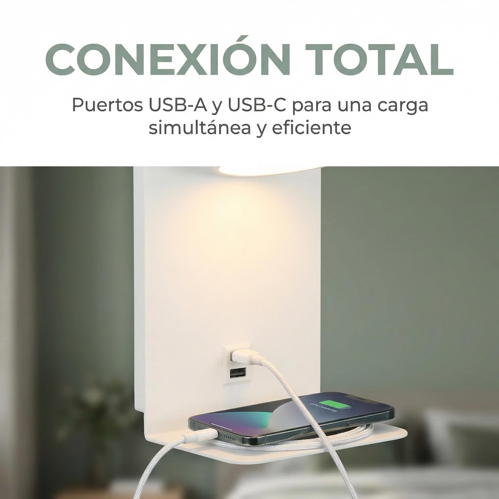 BARCELONA LED applique da parete LED bianca con USB e USB-C, lampada da lettura 6W orientabile 350°, con mensola per telefono, luce calda 2700K, per camera da letto, ufficio, scale, sala pranzo