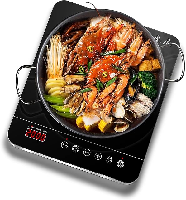 Aobosi Single Induction Hob,Portable Induction Cooker,Fashion Black Crystal Glass Panel,LCD Sensor Touch, 10 Temperatures and Power Levels(200 W to 2000 W) Settings,3-hour Timer,Safety Lock