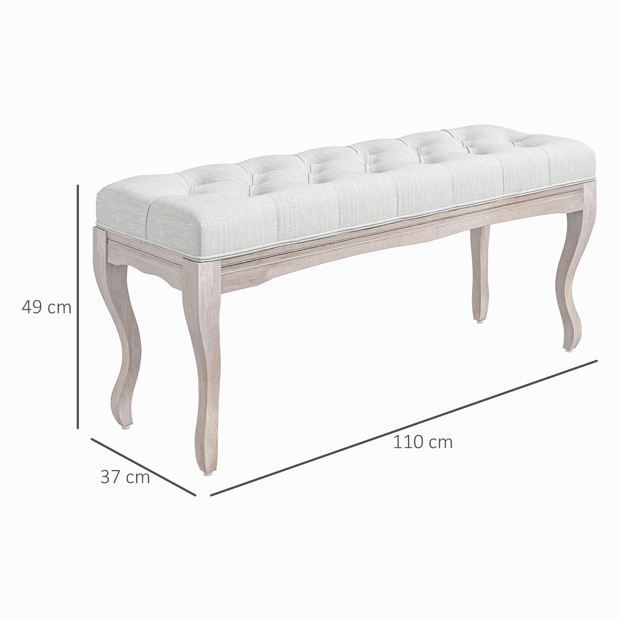 HOMCOM Banc 110 cm, Banquette capitonnée Style Classique, Bout de lit rembourrée en Effet Lin piètement Bois d'hévéa sculpté, crème