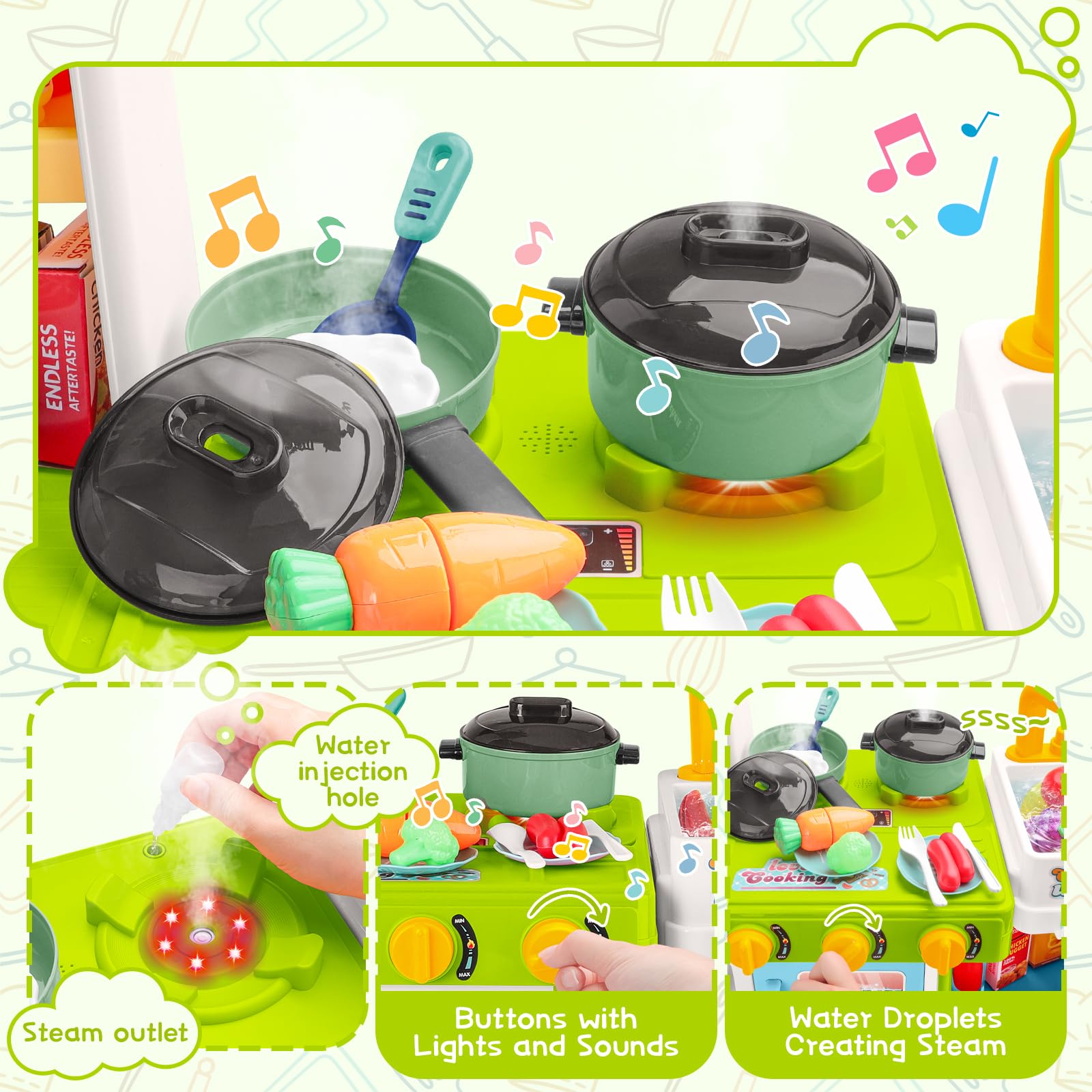 deAO Cucina Giocattolo per Bambini - 54PCS Altezza Regolabile Doppio Lato Gioco di Ruolo da Cucina con Luce Suono Acqua Vapore Frigorifero Lavastoviglie e Accessori | Verde