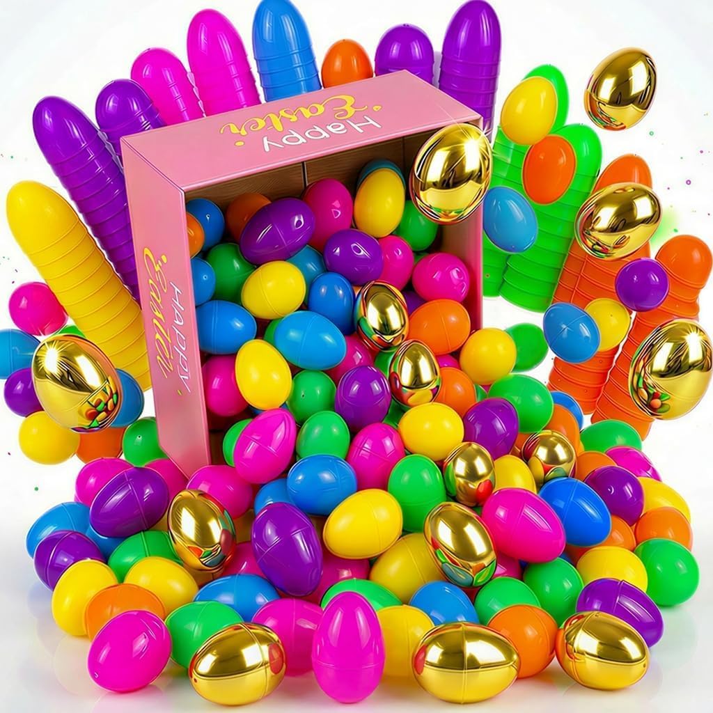 200 Pack Easter Eggs Bulk Include 6 Surprise Golden Eggs, 2.4 Inch Bright Colors Fillable Empty Plastic Easter Egg for Easter Hunt, Easter Basket Fillers, Easter Party Favors