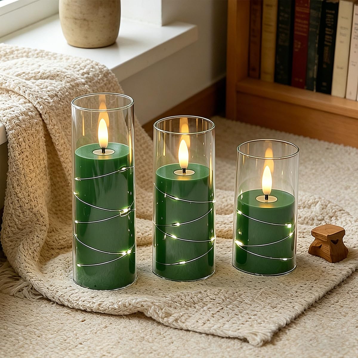 Plmmperation Flameless Candles Light, Set of 3 Flickering LED Candle with Remote & Timer, Dimmable Electric Candles Battery Operated, Star String Candle for Home Wedding Party Holiday Decor (Green 1)