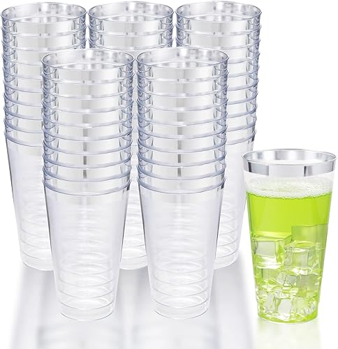 LIYH - 100 vasos de plástico plateado de 16 onzas, vasos de plástico transparente con borde plateado, vasos transparentes desechables de gran tamaño