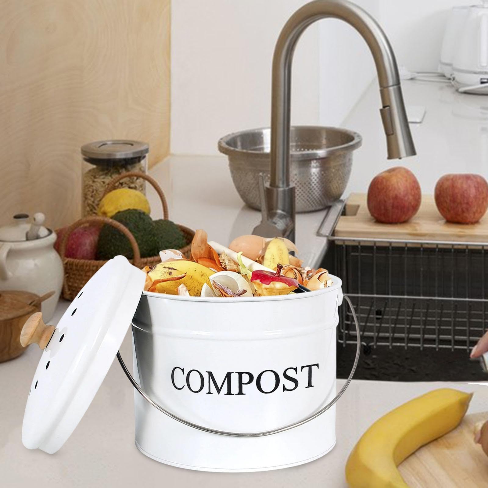 Compost de Cuisine, Seau Facile à Nettoyer pour Le Recyclage Des Déchets, Filtre Intégré et Comptoir, Blanc