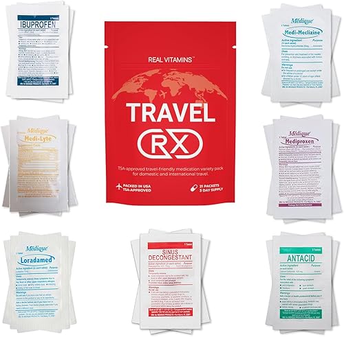 Real Vitamins Travel RX - Paquete variado de 63 piezas de medicamentos de viaje aprobados por la TSA con bolsa resellable para indigestión, mareo