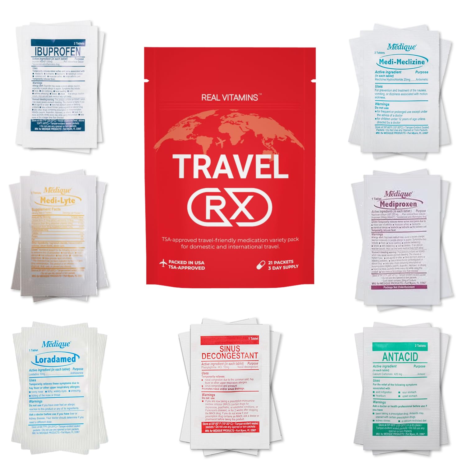 Travel RX - 63 PCS TSA-Approved Travel Medicine Variety Pack with Resealable Bag for Indigestion, Motion Sickness & More, Travel Essential OTC Medicine Pack (3 Kits)