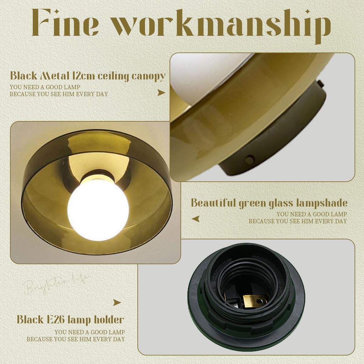 Green Ceiling Light Fixture Hallway Flush Mount Ceiling Light Mid Century Modern Ceiling Lamp with Round Dome Glass Shade, Vintage Glass Ceiling Light for Dining Bedroom Kitchen 13.8in