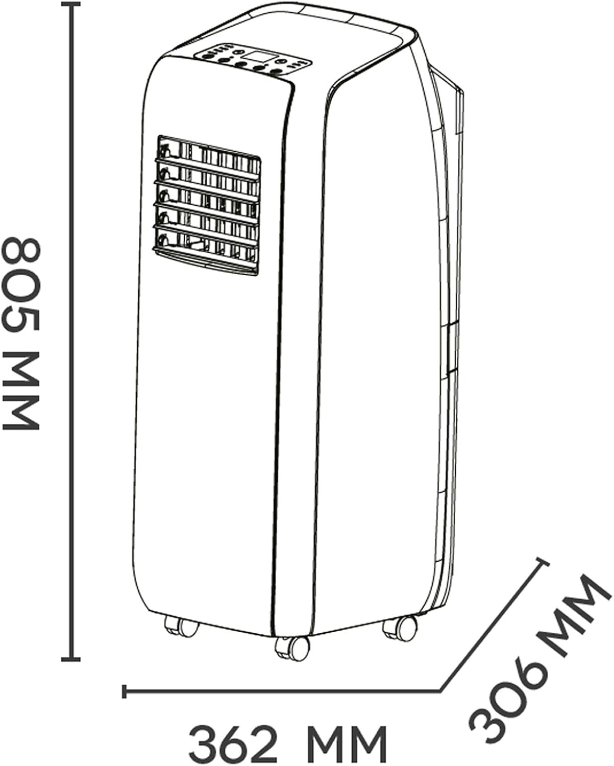 Diagram showing dimensions of Argo Relax Style Air Conditioner: 805mm height, 362mm width, 306mm depth