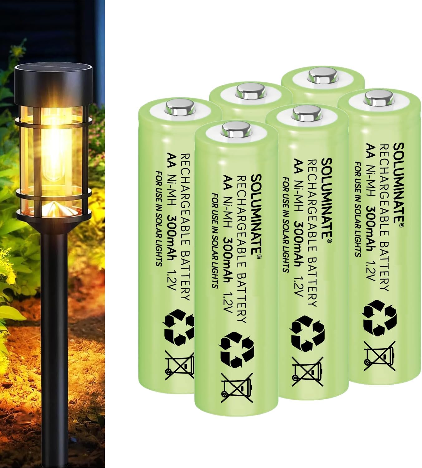 Soluminate AA Solar Light Batteries Size AA (300mAh) Rechargeable 1.2V NiMH Green cells for use outdoors in garden lights (6-Pack)