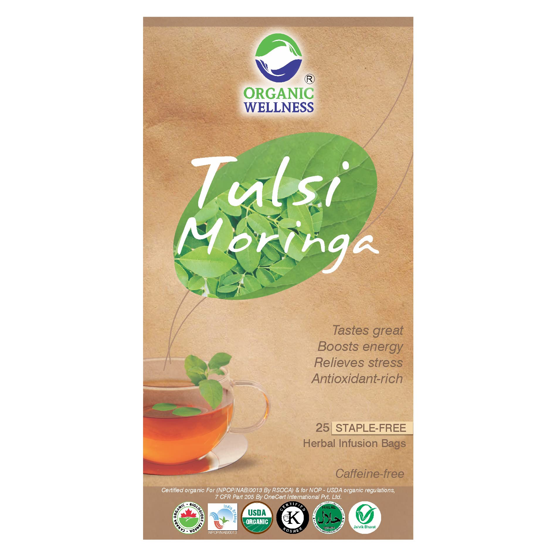 Organic Wellness Tulsi Moringa | Sahjan | Drumstick Leaf Powder | Multi Vitamin Herbal Tea | Rich in Antioxidants & Nutrients | 25 Tea Bags - Pack of 1