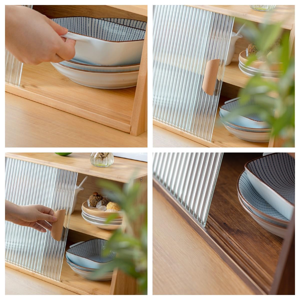 Armadietto da cucina in bambù con 2 ante scorrevoli, compatto per piccoli spazi, ideale per cucina, sala da pranzo o dispensa, soluzione elegante e funzionale per la casa