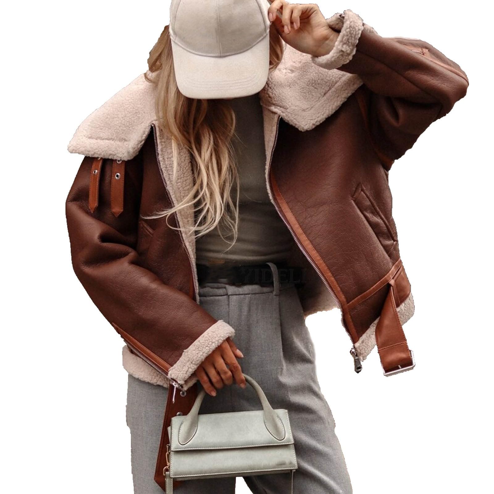 Manteau en fourrure synthétique pour femme - Veste d'hiver chaude avec doublure en peluche - Revers en cuir synthétique - Veste bomber en daim - Veste d'aviateur épaisse - Veste de moto avec