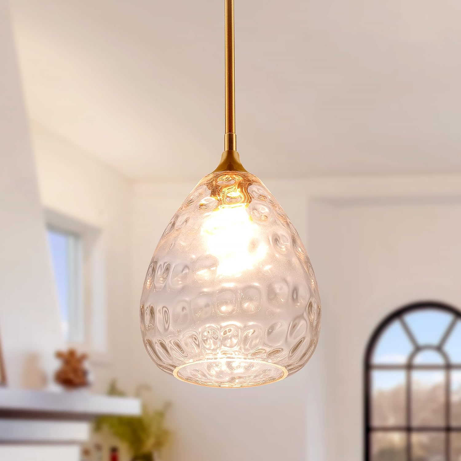 Transparent Clear Hammered Glass Pendant Light with Brass Gold Accent, Adjustable Hanging Lamp for Kitchen, Dining Room, and Living Room Gold & Clear Glass