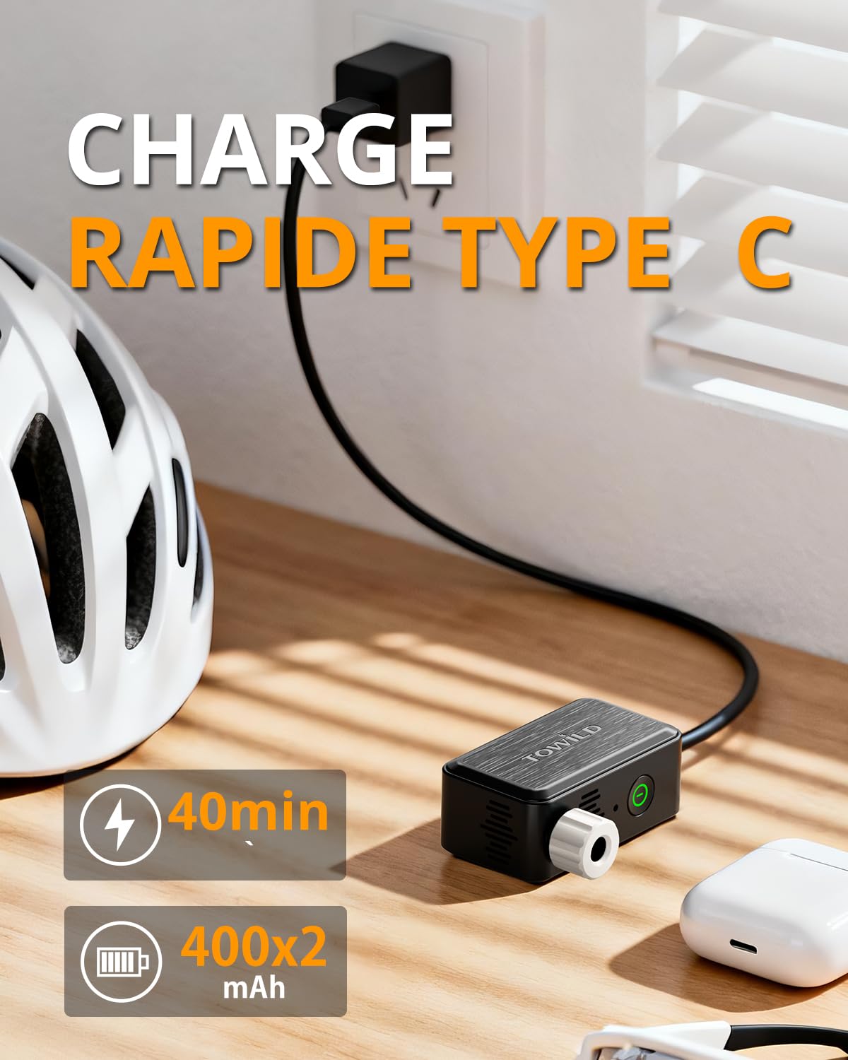 TOWILD A05 Pompe À Vélo Électrique avec Lumière LED, Max 130 PSI Mini Compresseur d'air avec Valves Presta et Schrader Pompe Portable avec Batterie Intégrée 2×400 mAh, Rechargeable USB-C