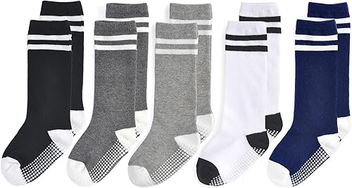 Calcetines altos hasta la rodilla para bebé, calcetines de tubo antideslizantes, 5 pares de calcetines de agarre atlético, niños y niñas