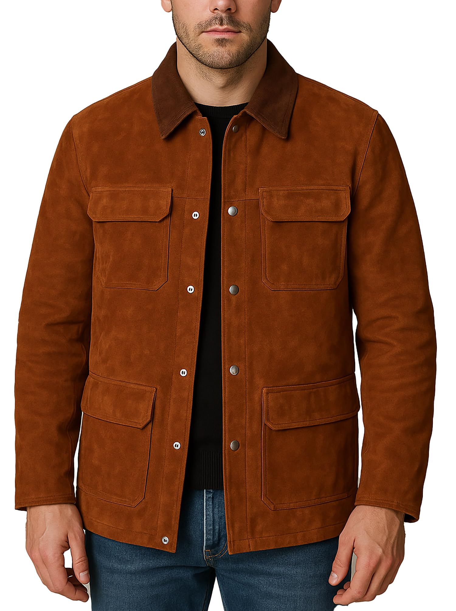 LP-FACON Mens Trucker Suede Leather Jacket-The Part II Brown Leather Jacket