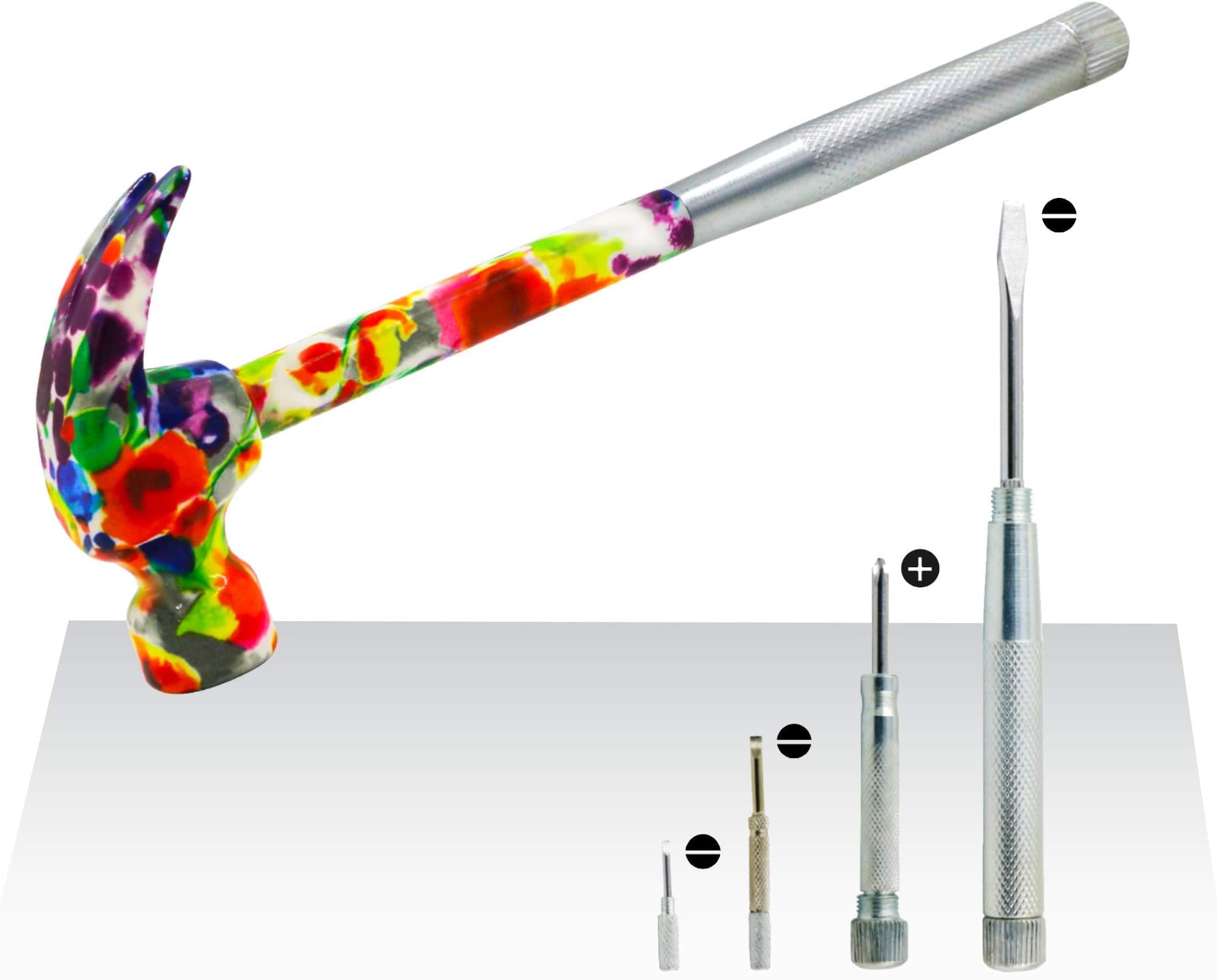 GS Tools 6 In 1 Claw Hammer and Screwdriver Multi-Tool with Floral Print, Garden Tool with Slotted 2, 3, 4.5, PH 1, Tack Puller and Hammer Best Gift for Women and Children