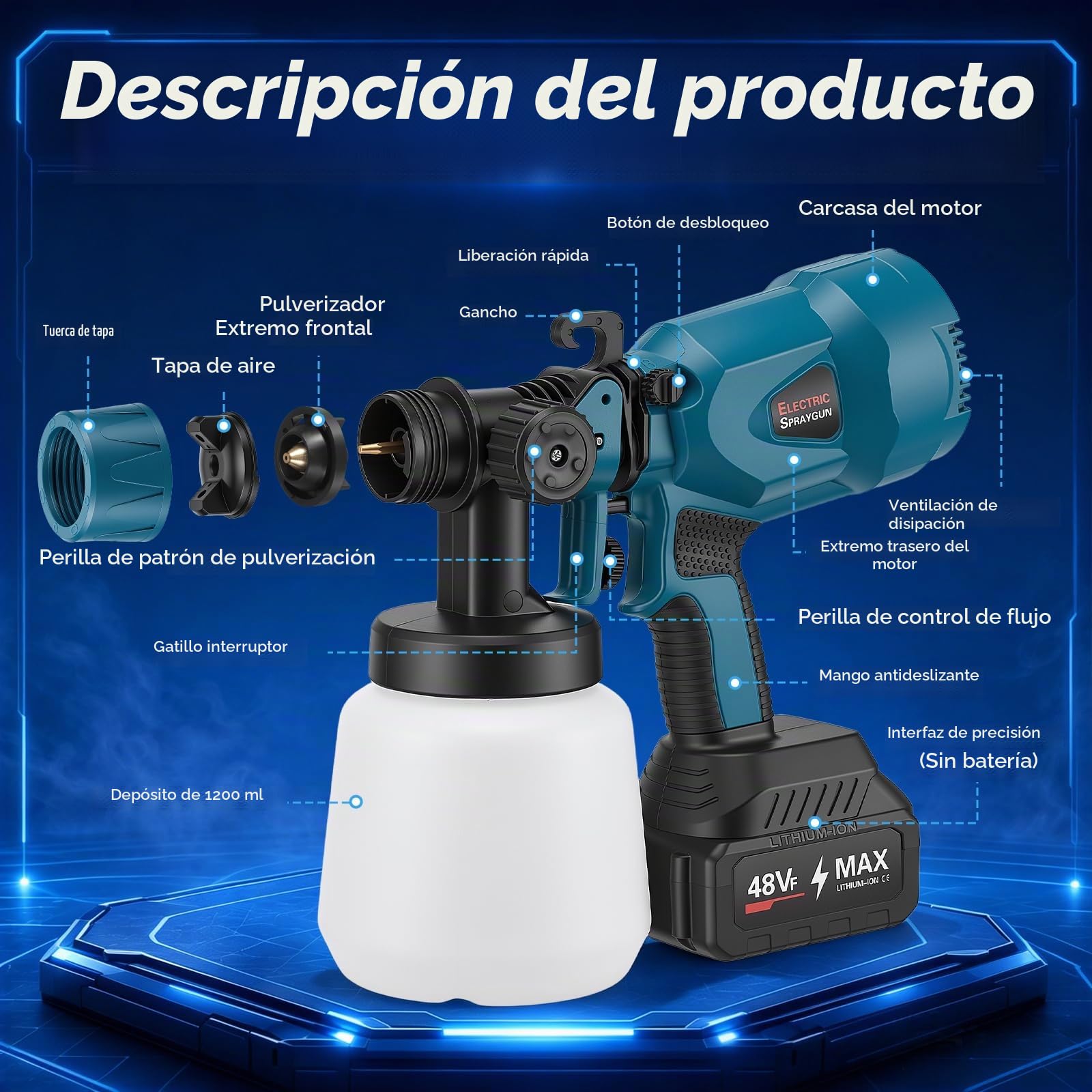 Pistola Pintura Eléctrica,Pistola Pintura con Batería de 18 V, 1200 ml, pulverizador de Pintura con 5 boquillas y 3 Patrones de pulverización para Cercas, Paredes, Techos
