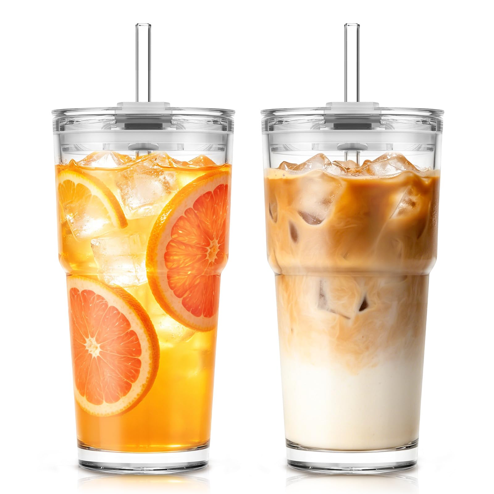 KEMORELA 600ml Glass Tumbler Set of 2 with Lid and Straw – Leak Proof Iced Coffee Cups, Reusable Glass Cups for Coffee, Matcha, Smoothies, Juice – Fit Car Cup Holder, Durable Aesthetic Glassware