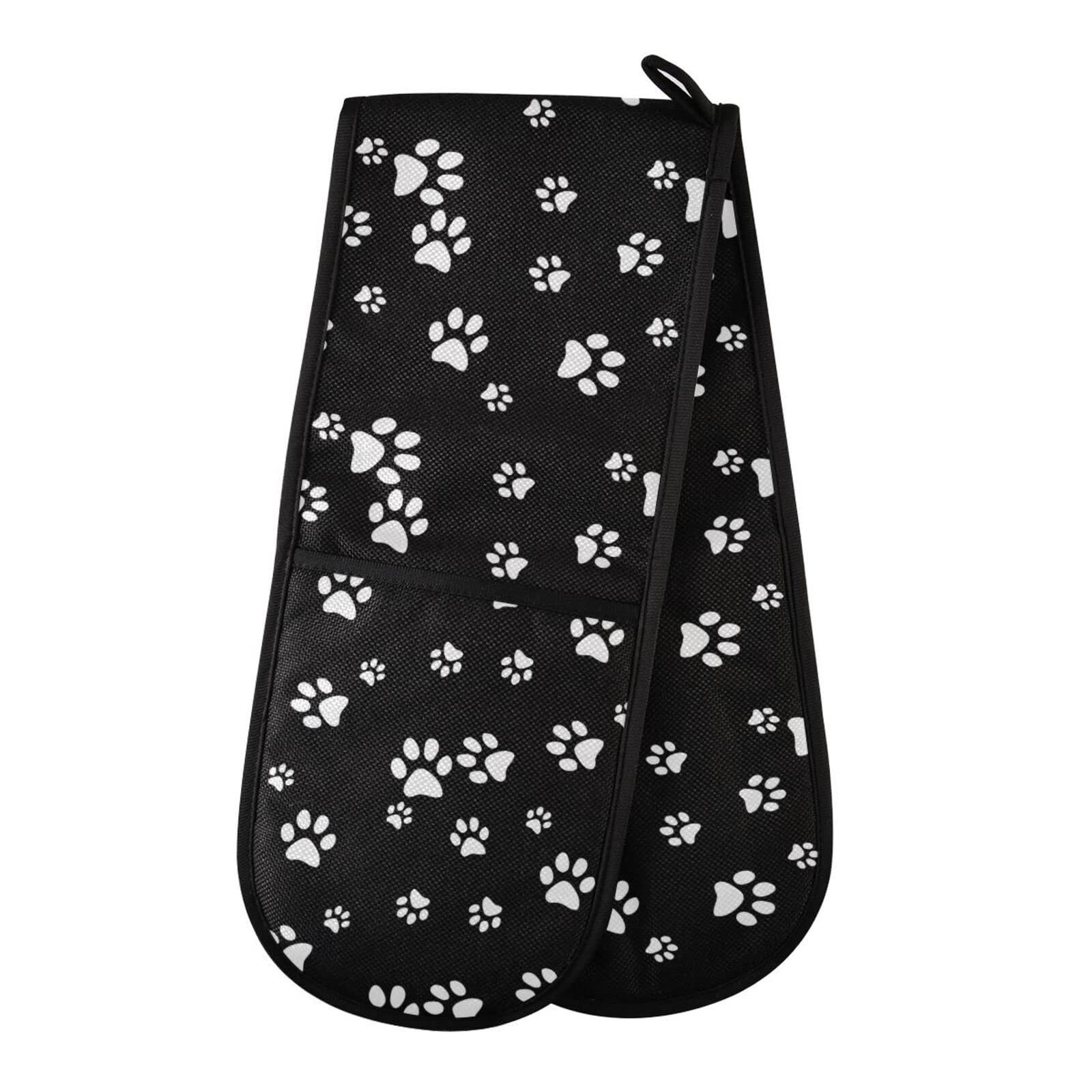 Youjuner Colour 94 Double Oven Glove White Paw Print Decor Heat Resistant Double Ovens Mitt Modern Cooking Gloves Potholders