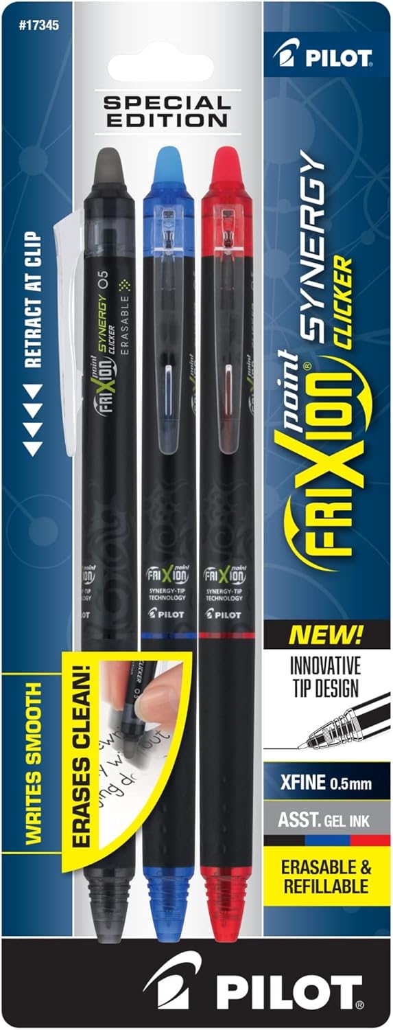 Pilot, FriXion Synergy Clicker Erasable, Refillable, Retractable Gel Ink Pens, Extra Fine Point 0.5 mm, Pack of 3, Black, Blue & Red Pilot, FriXion Synergy Clicker Erasable, Refillable, Retractable Gel Ink Pens, Extra Fine Point 0.5 mm, Pack of 3, Black, Blue & Red