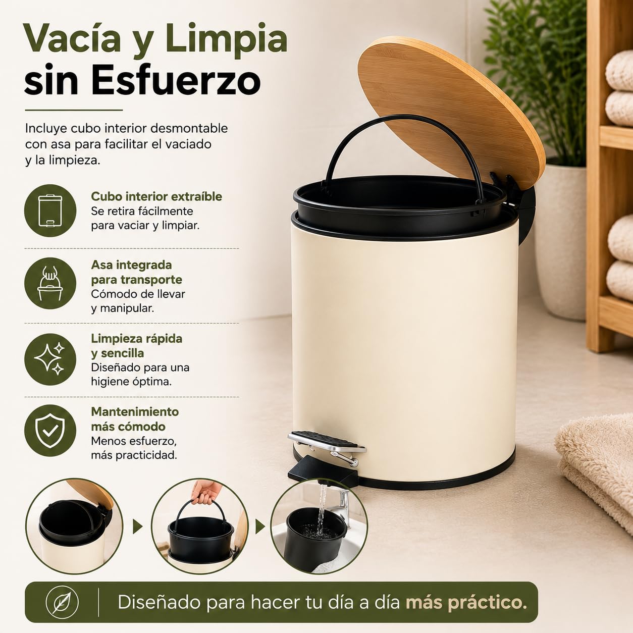 TIENDA EURASIA – Papelera Baño | Metal + Tapa de Bambú | Capacidad 3L | Medidas 17x21x23.5 cm y Cubo Interior 16.8x16.8x18.2 | con Pedal (Beige)