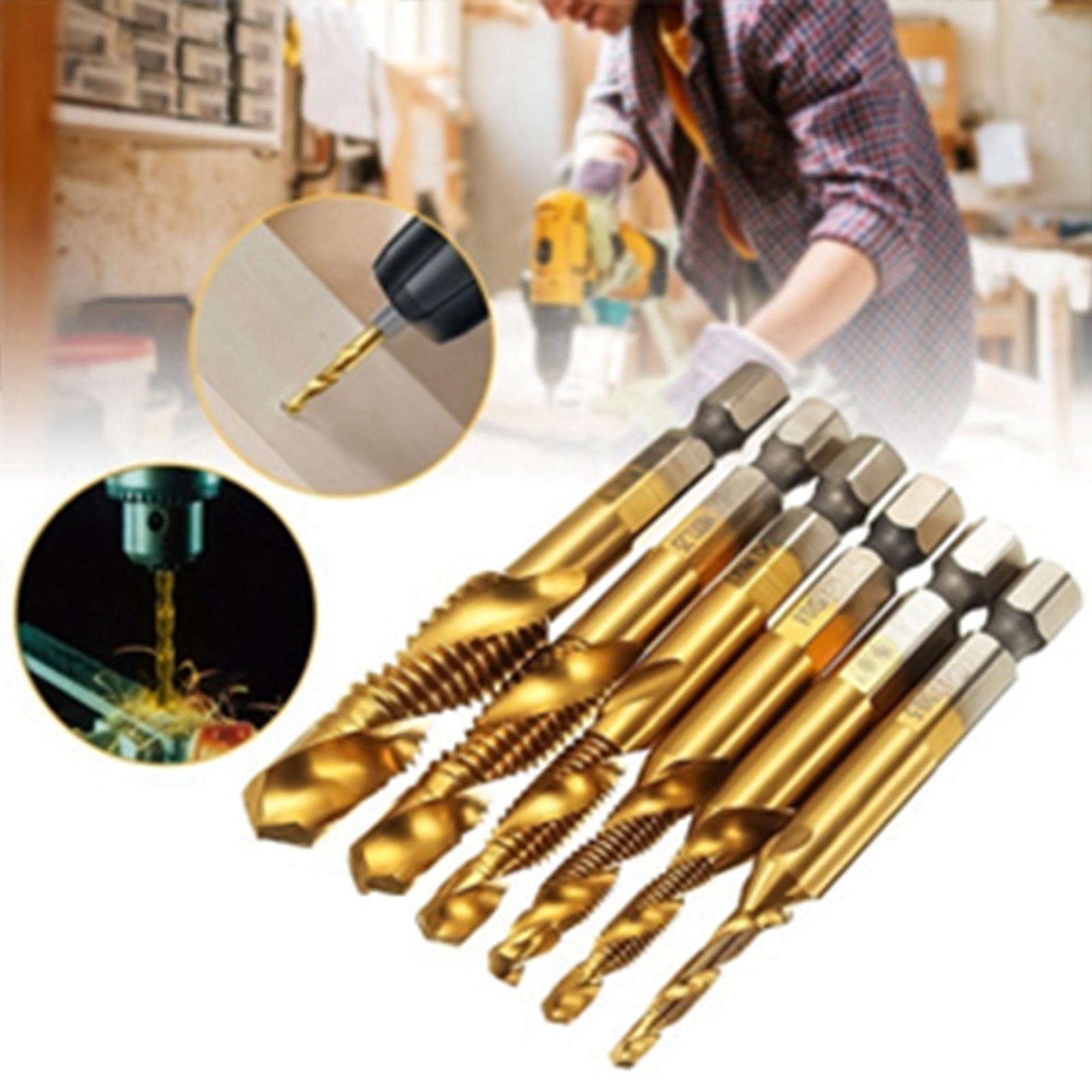 Set di 6 punte per trapano e maschiatura, filettatura metrica M3-M10, codolo esagonale 6 mm HSS placcato in titanio