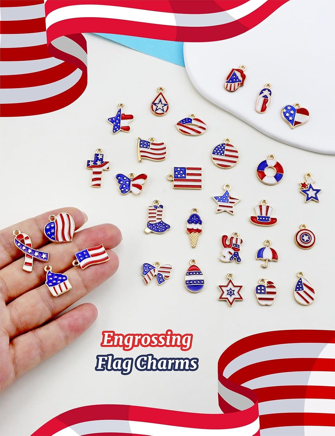 JIALEEY 29PCS Independence Day Charms, Patriotic 4th of July Red White Blue American Flag Charms for Bracelets Necklaces Jewelry Making, 29 Styles