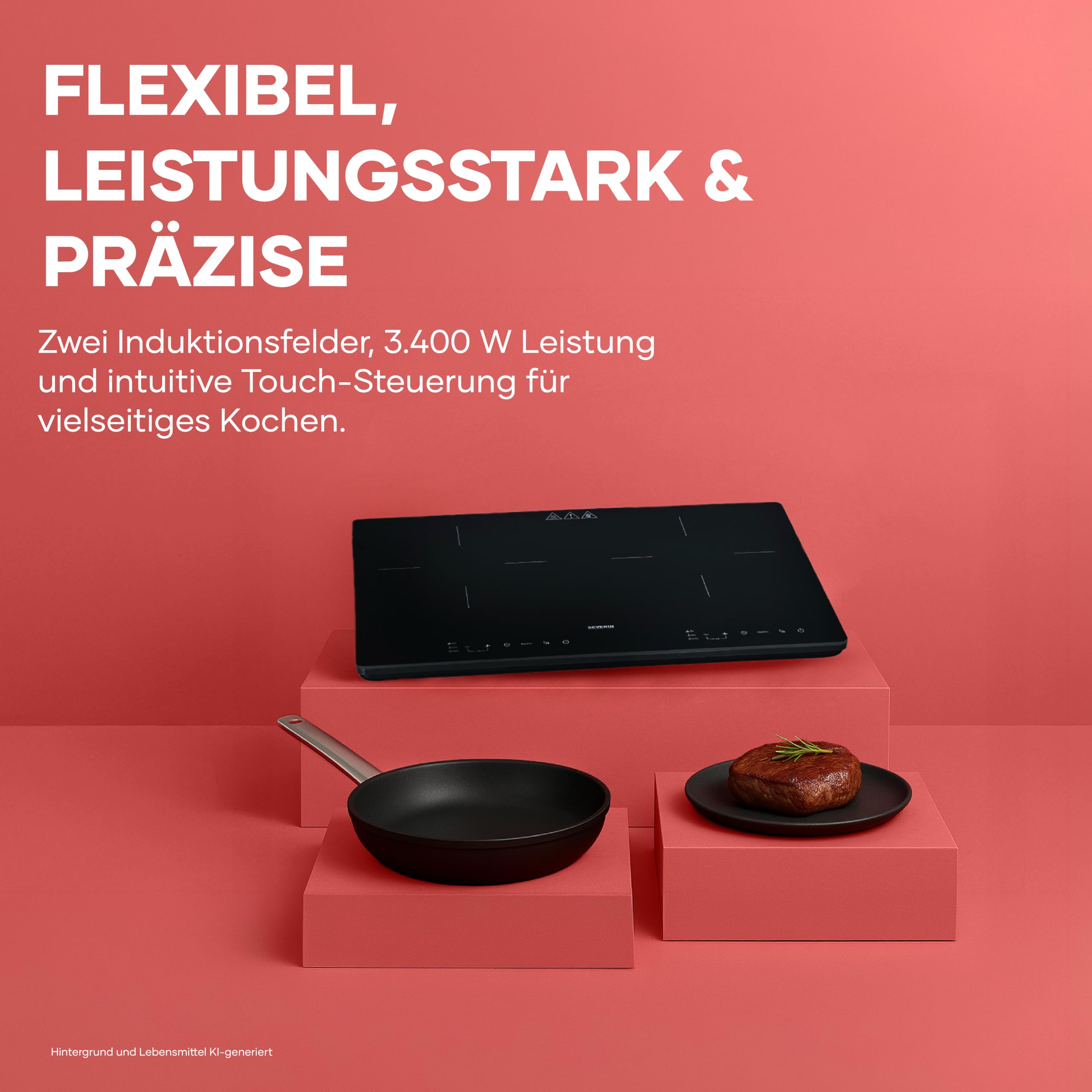 Severin Doppel-Induktionskochplatte 2 Platten, kratzfeste Glaskeramik-Kochfelder, matt, 10 Leistungsstufen, Touch-Display, Timerfunktion, automatische Abschaltung, 3.400W, schwarz, Glas, DK 1033