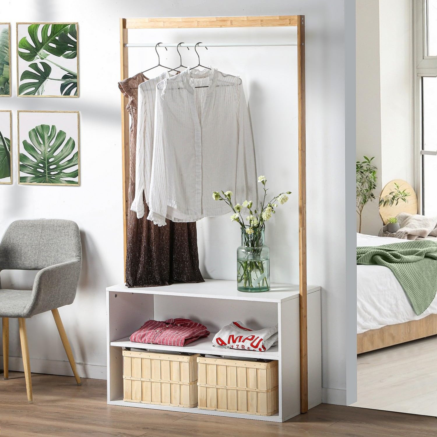 Drewniana szafa z półkami - bambus - wieszak na ubrania - przechowywanie butów - 2 pudełka - Biały i drewniany - Szafka wejściowa - sypialnia - 90 x 40 x H171 cm