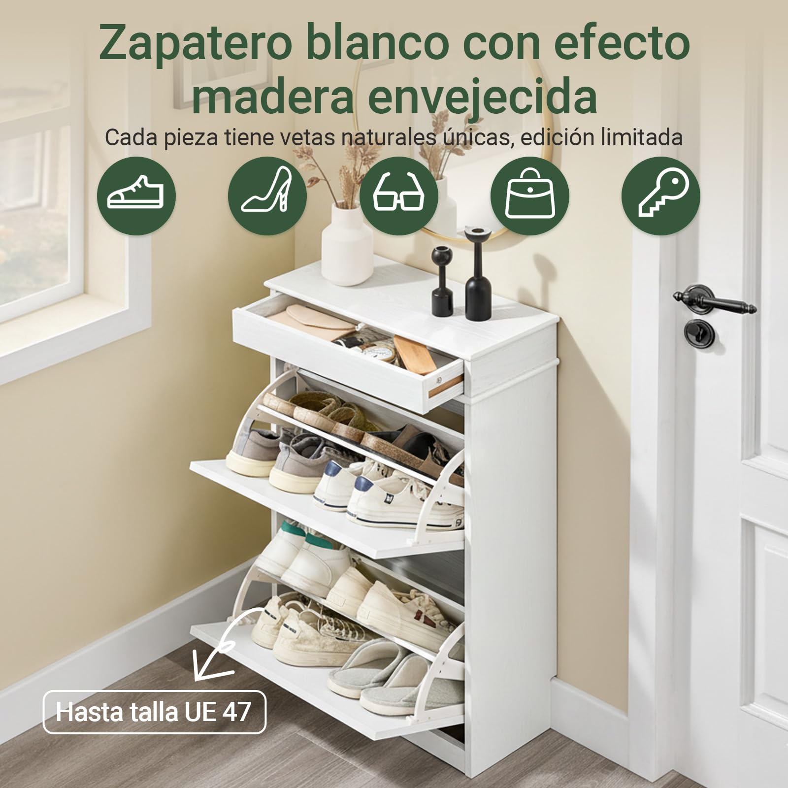 SoBuy Mueble Zapatero Estrecho Entrada Recibidor, Zapatero Blanco Estrecho con Cajón, Diseño Vintage Madera Blanca, Mueble Recibidor 24 cm Fondo, 54x24x85 cm, FSR78-WG