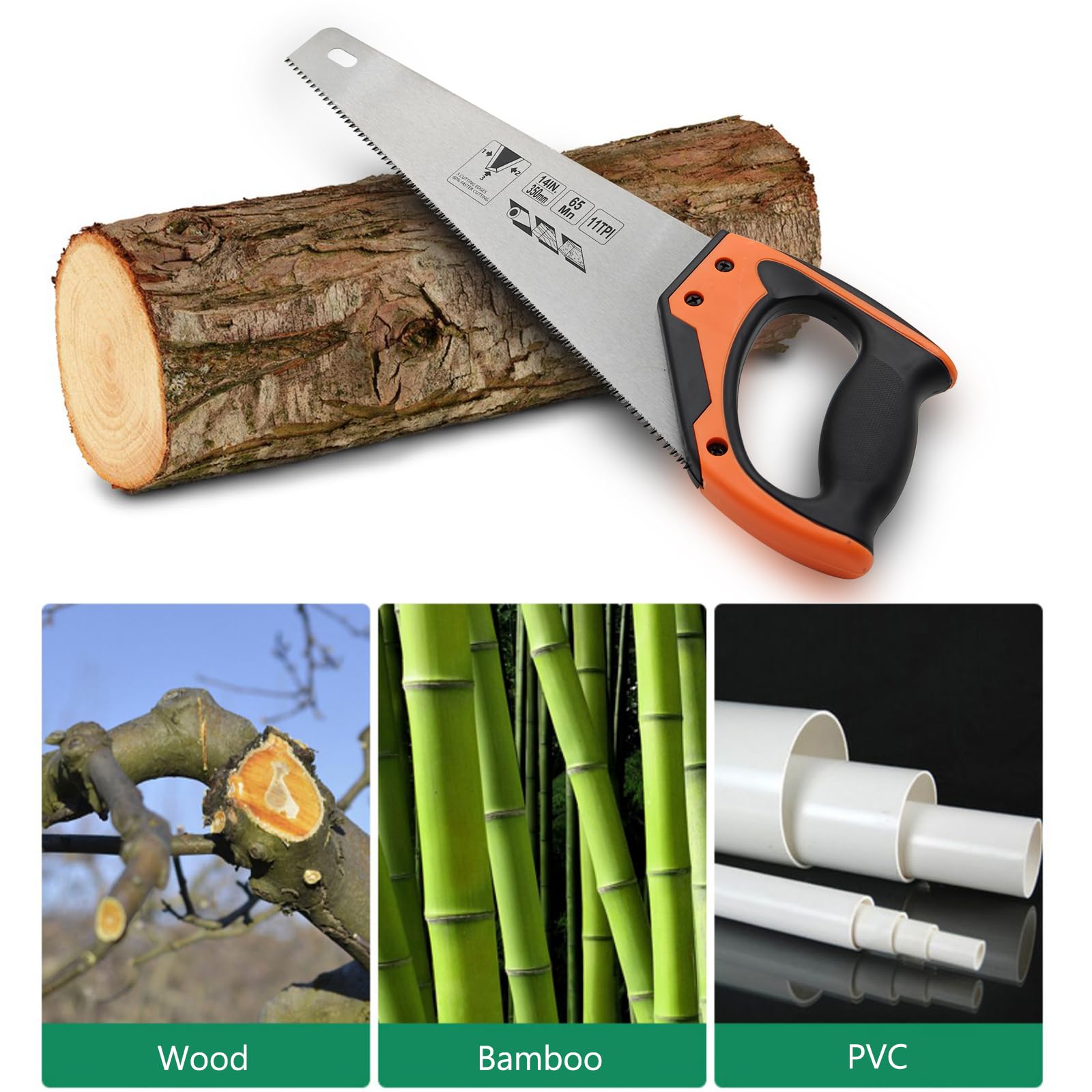 Sierra de mano de madera de 14 pulgadas, sierra de mano universal de 11 TPI con mango ergonómico antideslizante y resistente al óxido