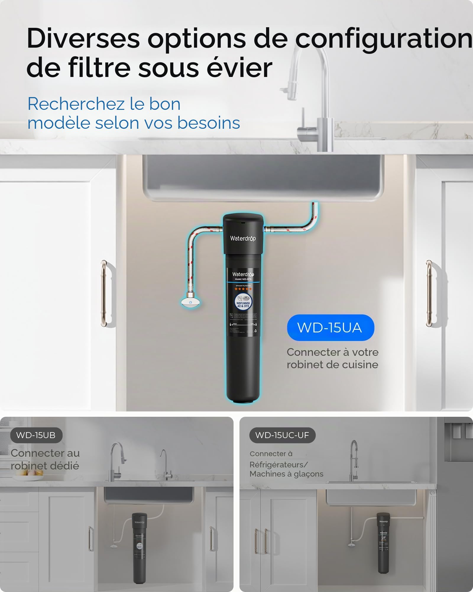 Waterdrop 15UA Système de Filtre à Eau sous le Comptoir, Connexion Directe au Robinet de Cuisine, Capacité de Réduction de Chlore Elevée de 60000 Litres, USA Tech